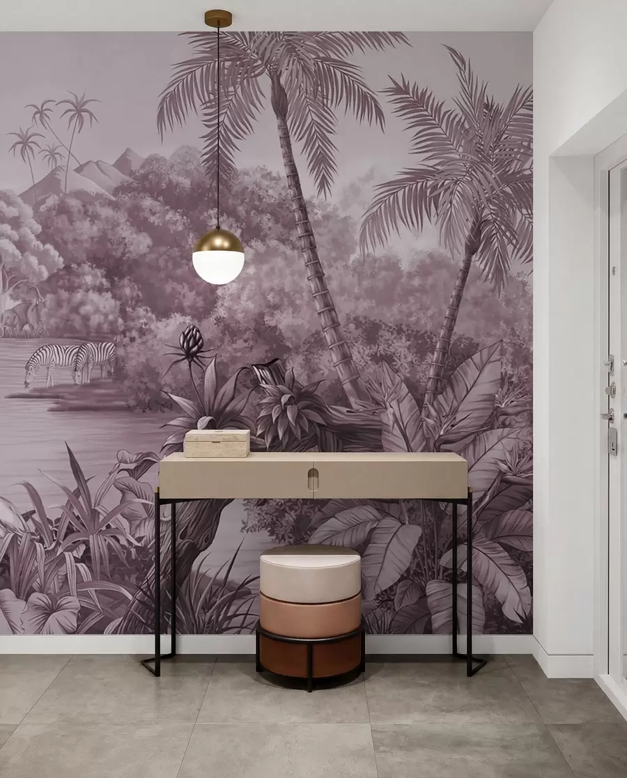 carta da parati Tropici in bianco e nero con colori viola nr. u59040v3