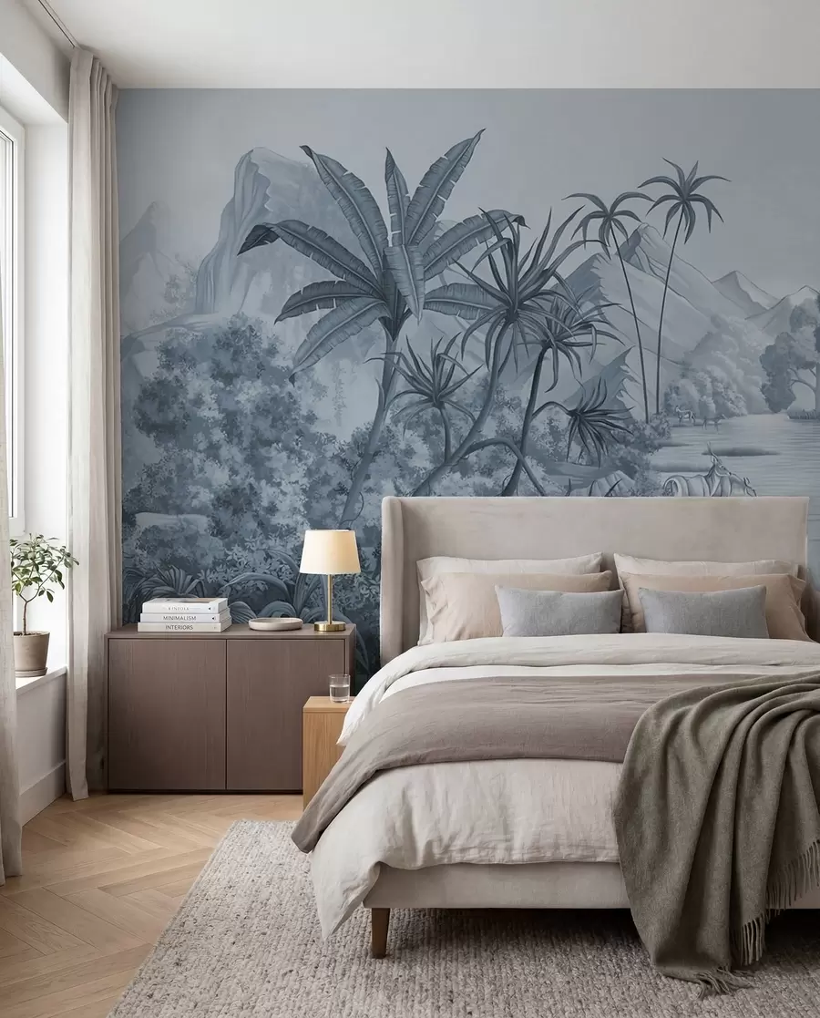 carta da parati Tropici in bianco e nero con colori blu nr. u59040v2