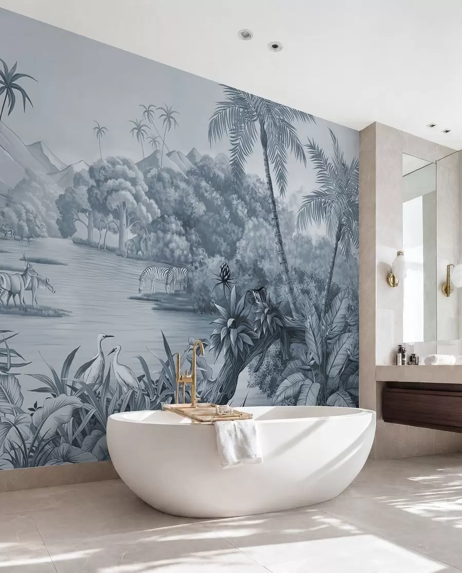carta da parati Tropici in bianco e nero con colori blu nr. u59040v2