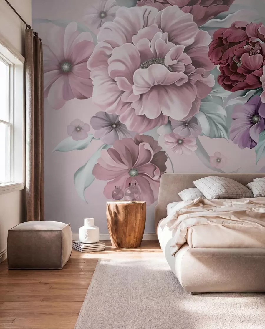 Carta da parati Fiori grandi Delicati fiori blu con colori rosa n. u59900v1