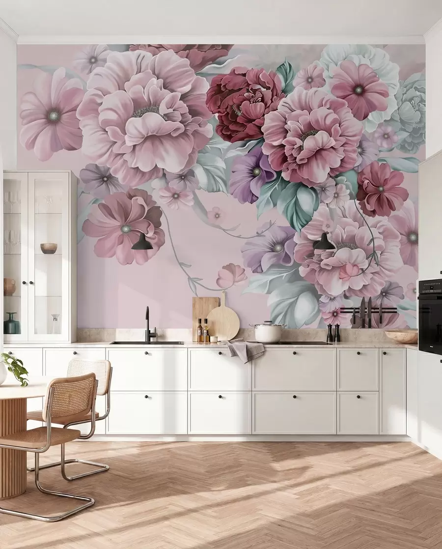 Carta da parati Fiori grandi Delicati fiori blu con colori rosa n. u59900v1