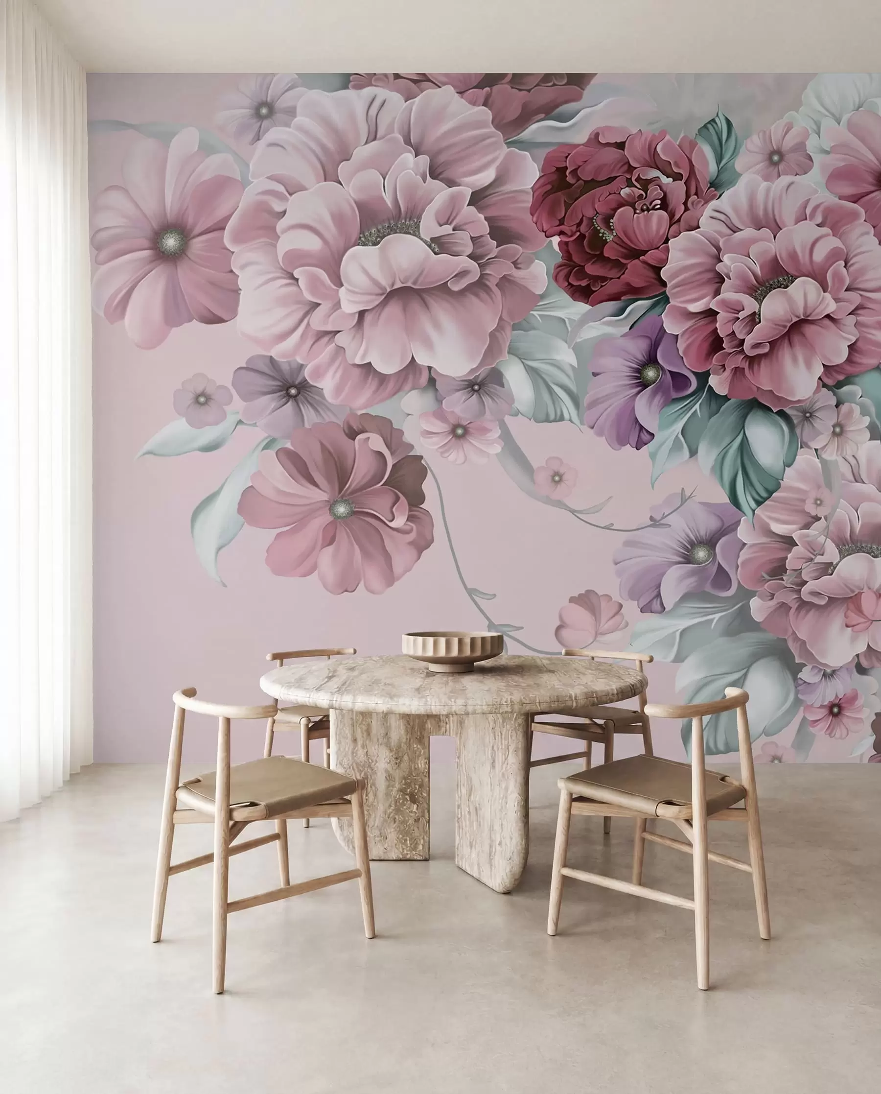 Carta da parati Fiori grandi Delicati fiori blu con colori rosa n. u59900v1