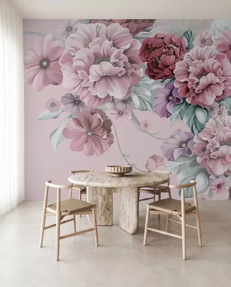 Carta da parati Fiori grandi Delicati fiori blu con colori rosa n. u59900v1