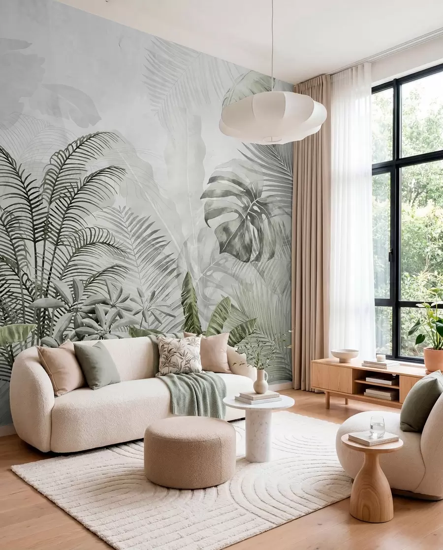 Carta da parati nature Palme di colore grigio in colori verdi 