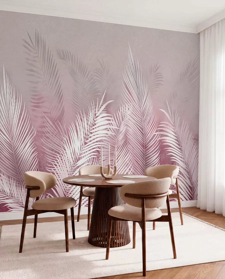 Carta da parati Tropici della Foresta Palme bianche su uno sfondo rosa granzh. in colori rosa n. u74601v2