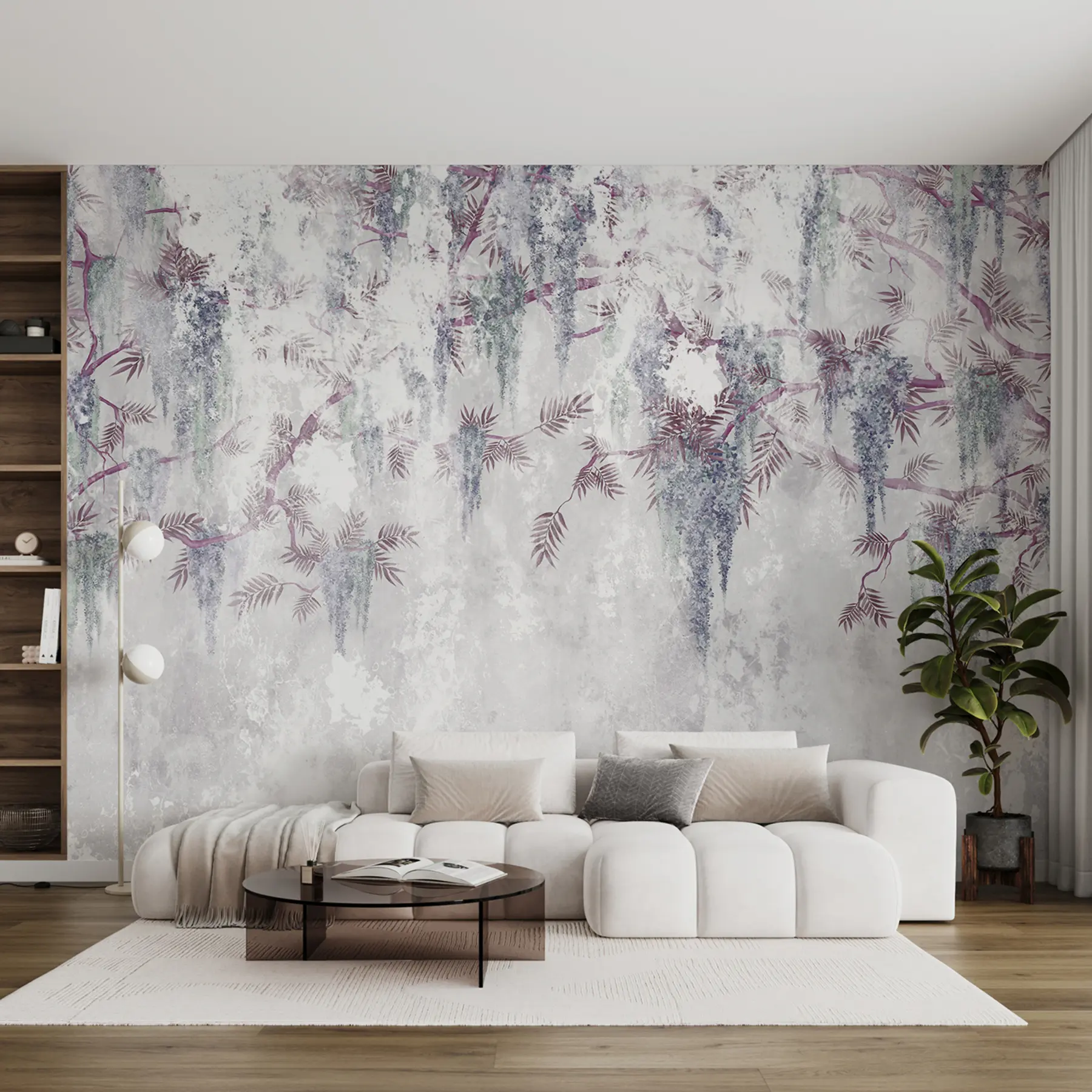 Carta da parati Floreale Rami grunge appesi di tendenza con fiori viola dai colori blu n. u73816v2
