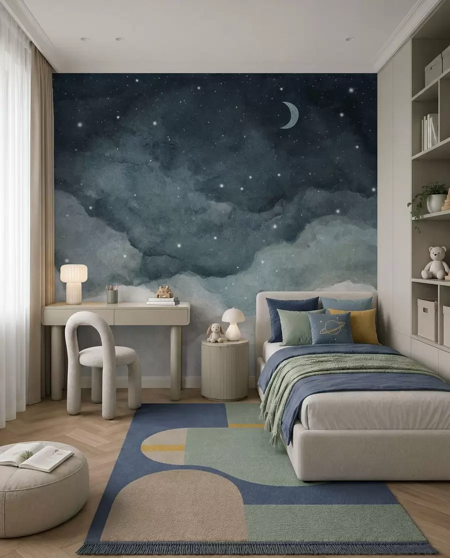 Carta da parati per Bambini Luna su nuvole color petrolio 
