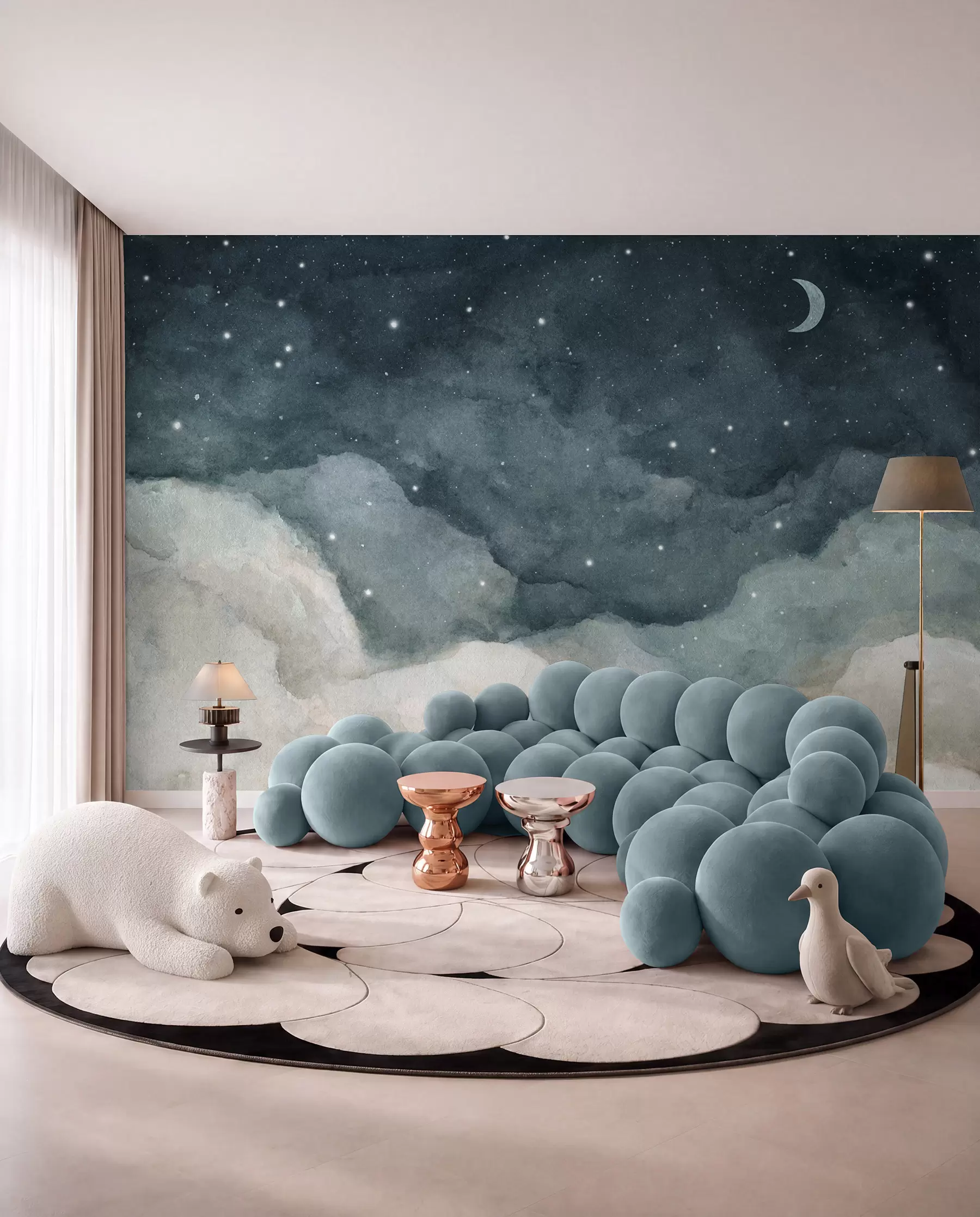 Carta da parati per Bambini Luna su nuvole color petrolio 
