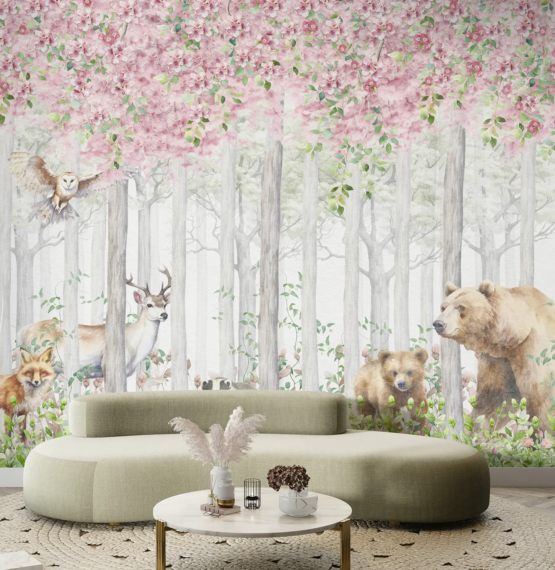 carta da parati Foresta in fiore con animali nr. u97614