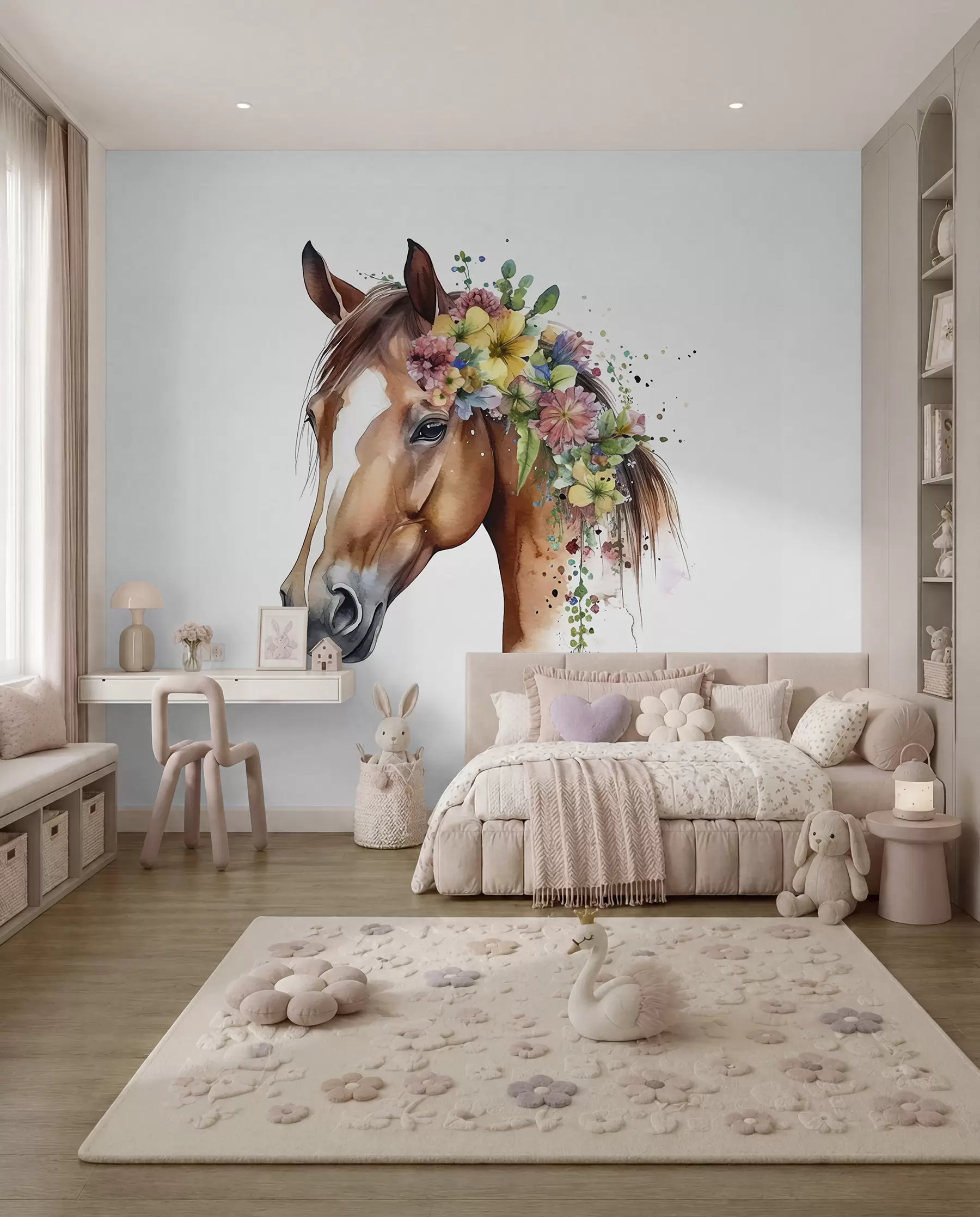 carta da parati Cavallo con fiori in acquerello nr. u98192