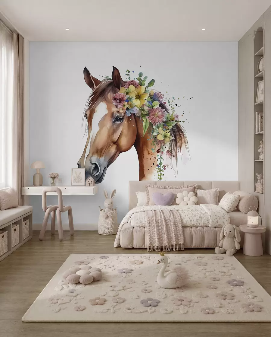 carta da parati Cavallo con fiori in acquerello nr. u98192