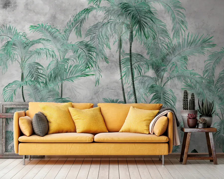 Carta da parati nature Palme tropicali su un muro di cemento 