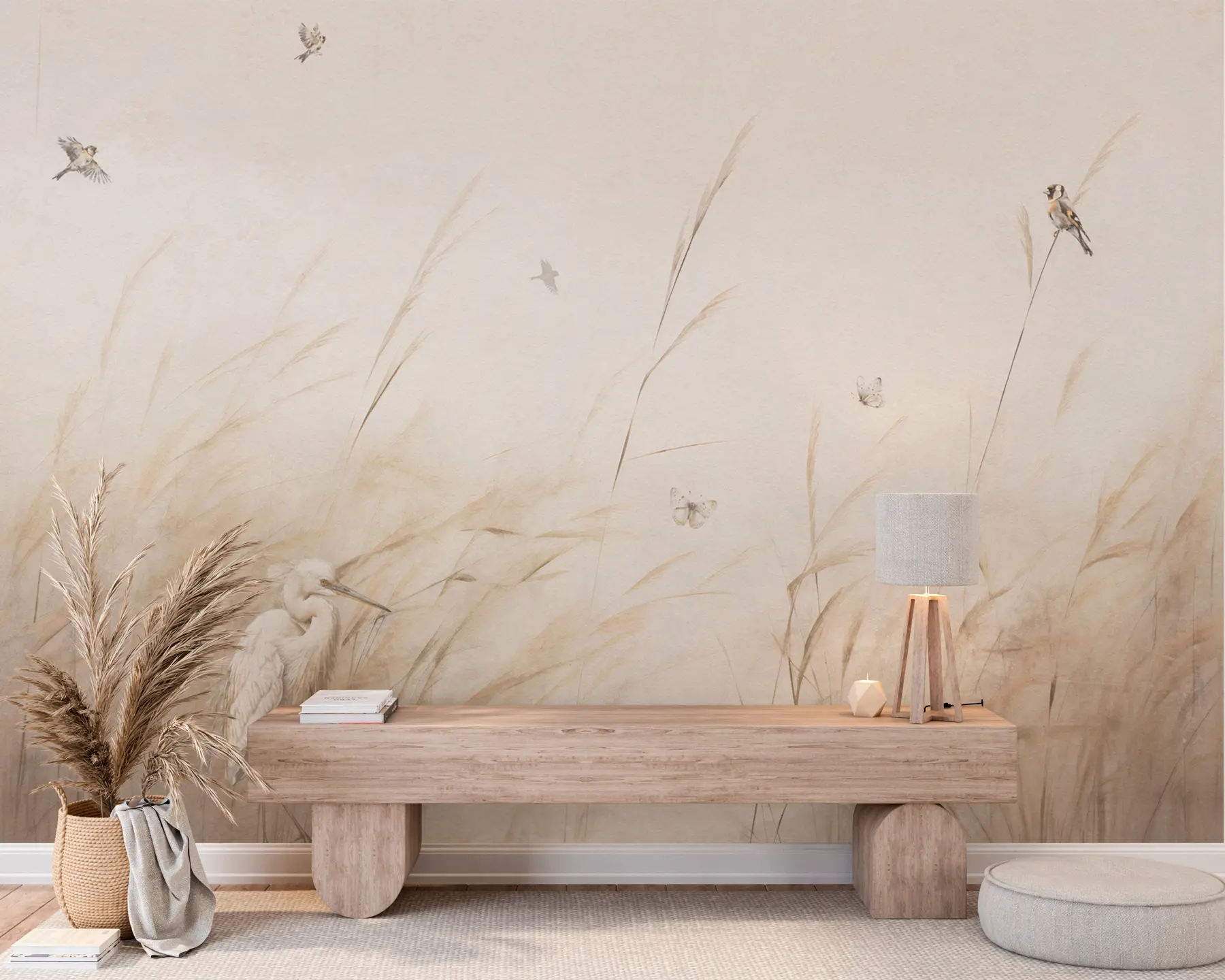 carta da parati Uccelli sul lago tra fiori secchi, piante ed erba nr. u98439