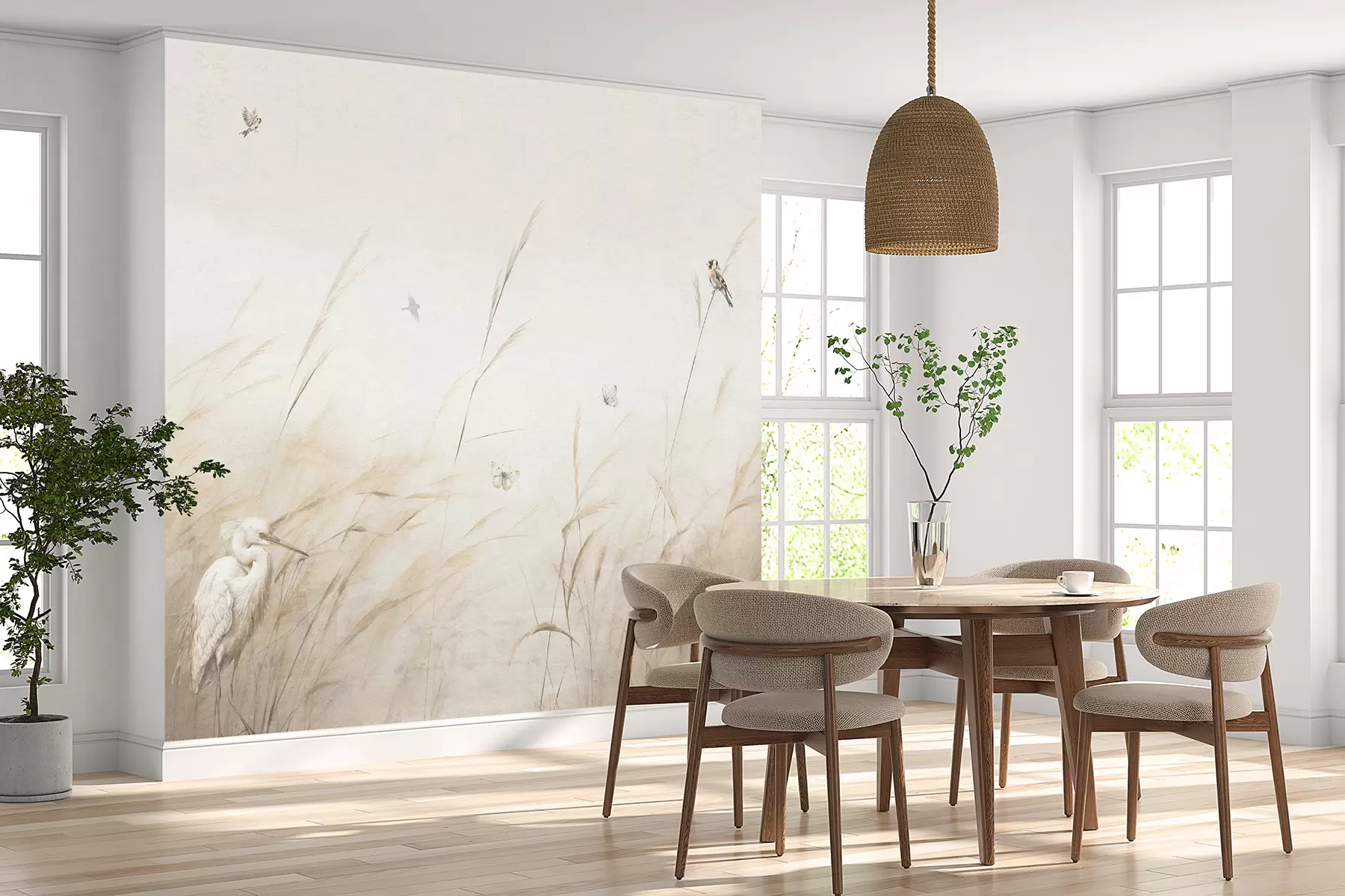 carta da parati Uccelli sul lago tra fiori secchi, piante ed erba nr. u98439