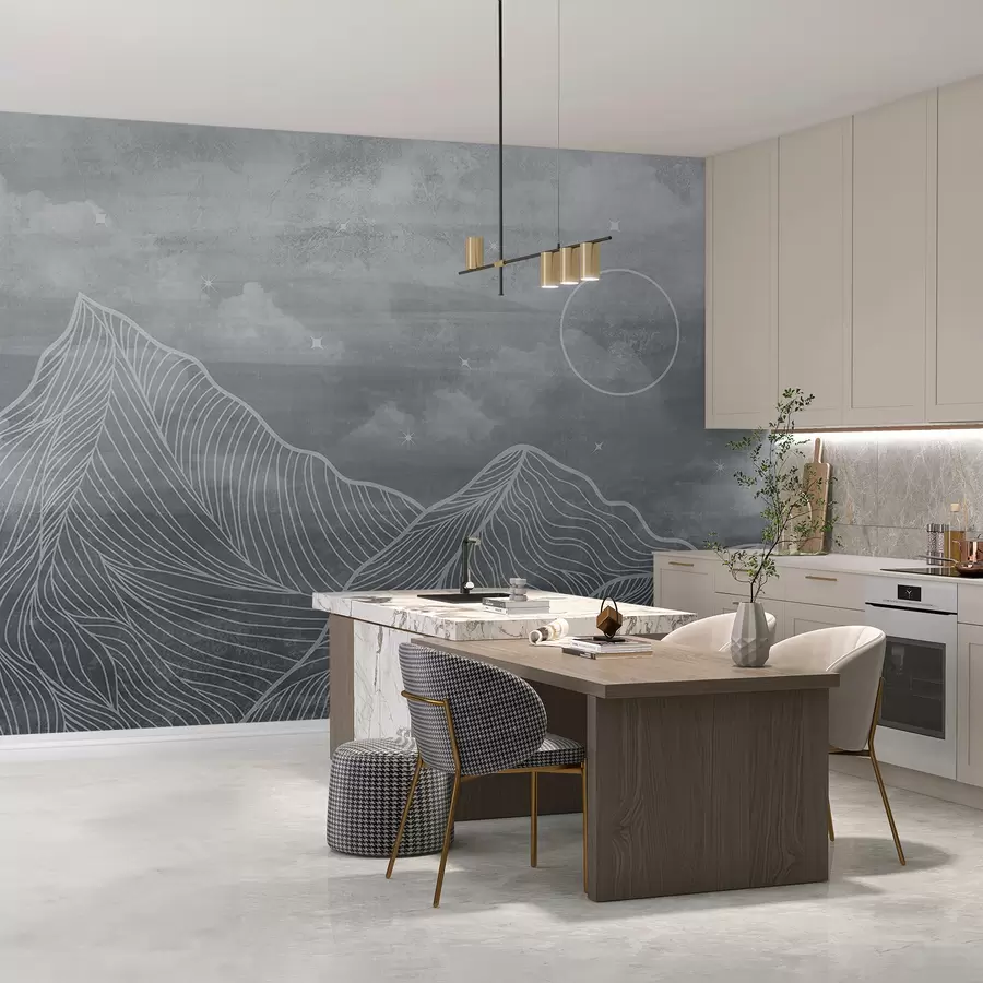 carta da parati Texture grunge con nuvole e montagne, colore grigio, tema natura, arte nr. u98838v1