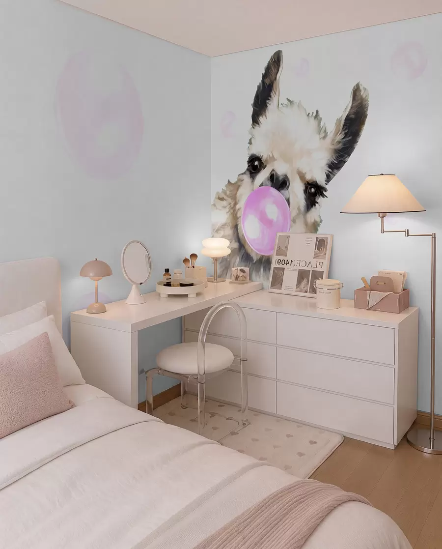 Carta da parati per Bambini Un divertente lama e bolle di sapone rosa 