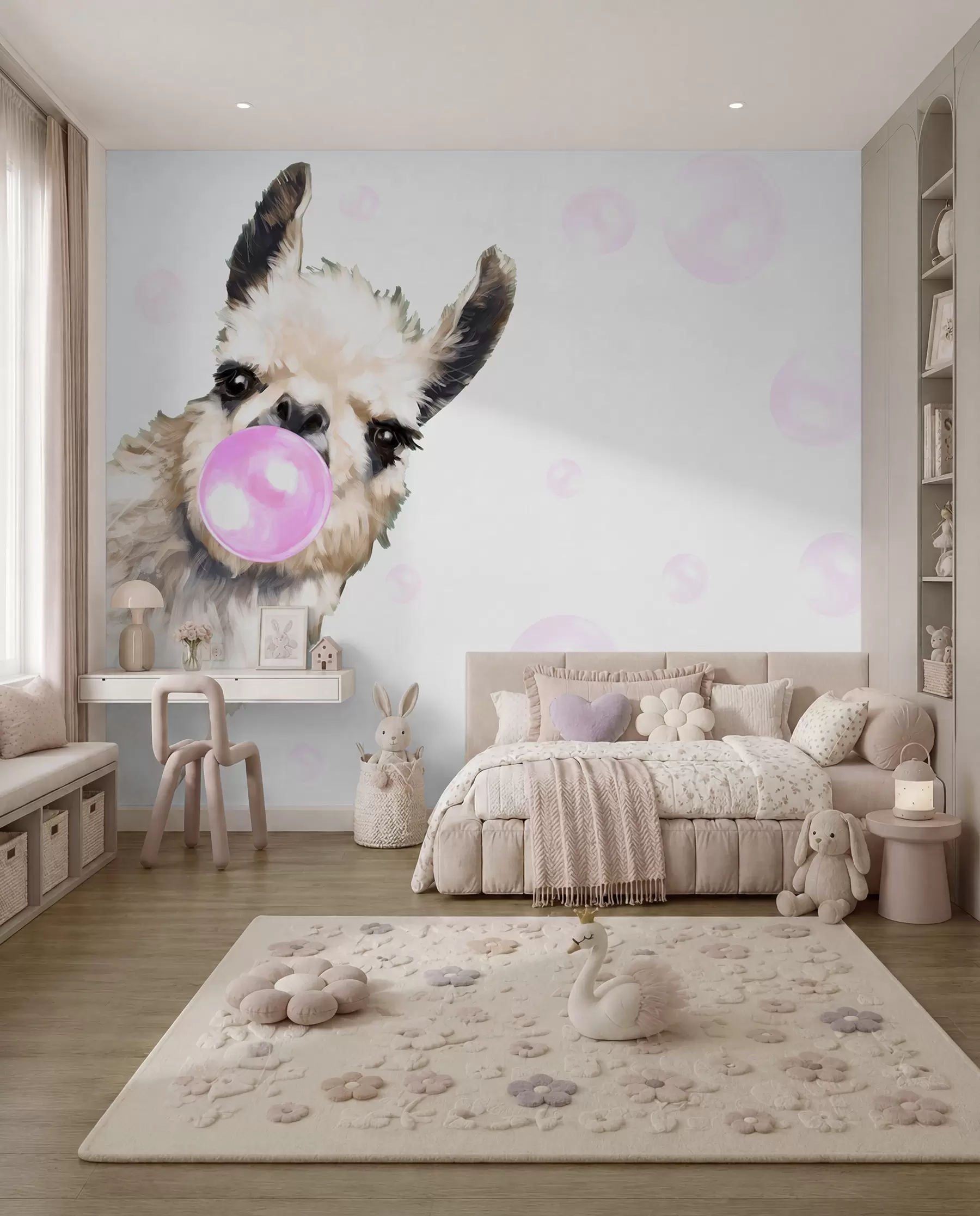 Carta da parati per Bambini Lama e bolla rosa 