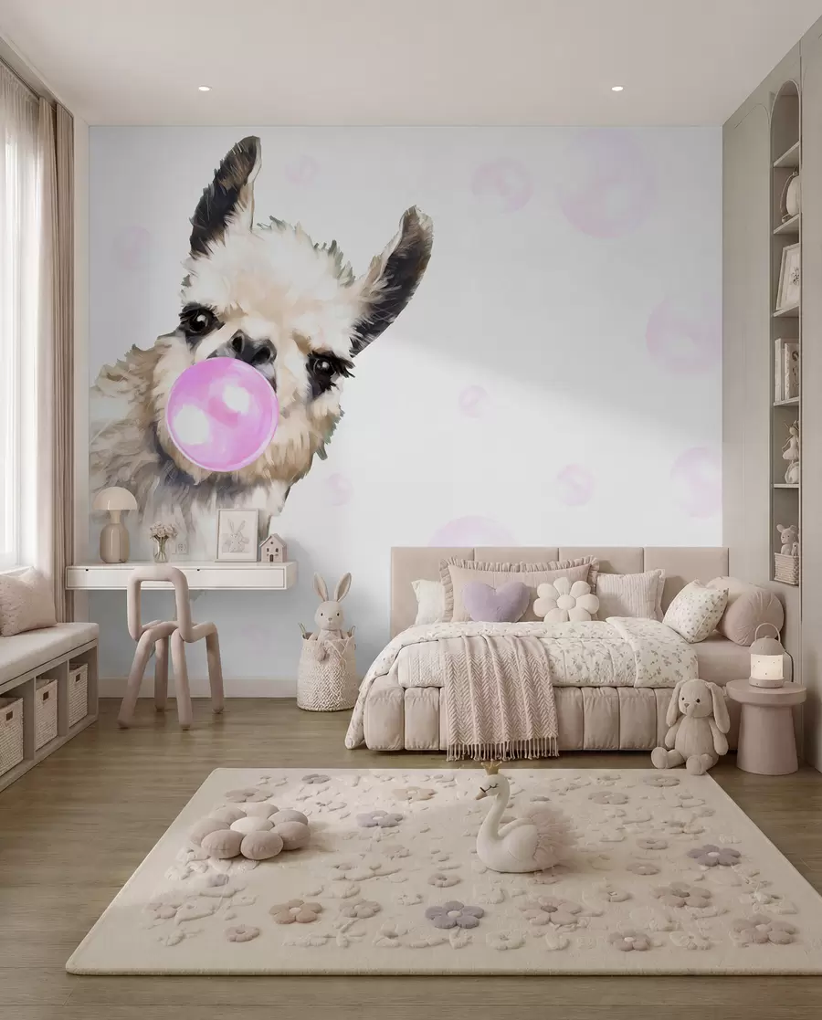 Carta da parati per Bambini Lama e bolla rosa 