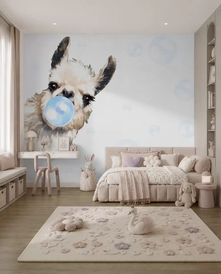 Carta da parati per Bambini Lama con bolla di gomma blu 