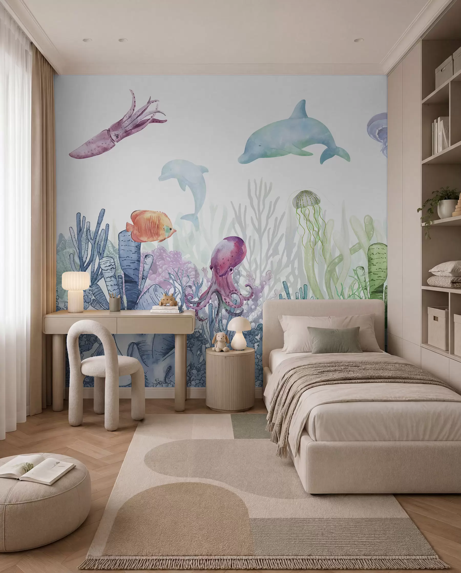Carta da parati per Bambini Vita marina subacquea, animali marini, acquerello, coralli, delfino, polpo 