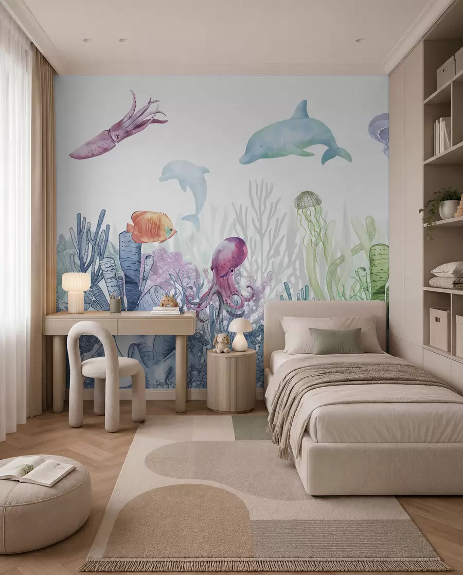 Carta da parati per Bambini Vita marina subacquea, animali marini, acquerello, coralli, delfino, polpo 