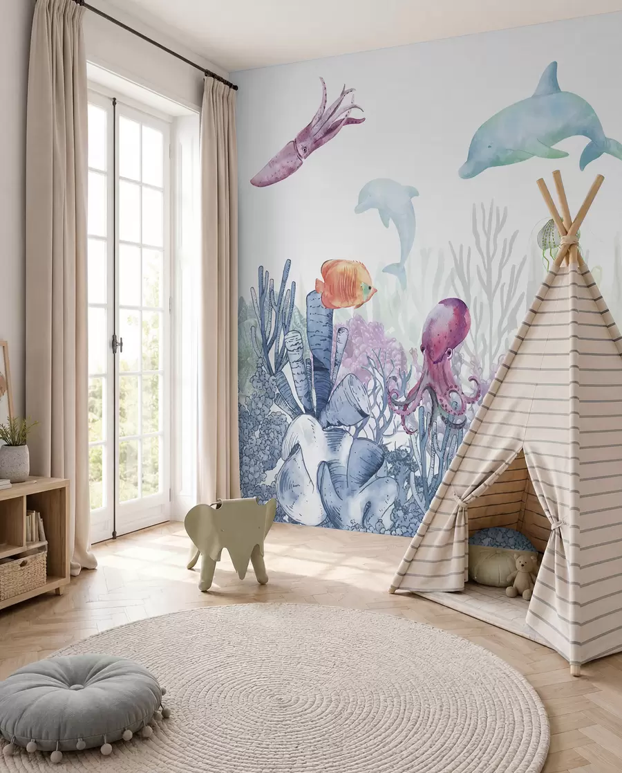 Carta da parati per Bambini Vita marina subacquea, animali marini, acquerello, coralli, delfino, polpo 