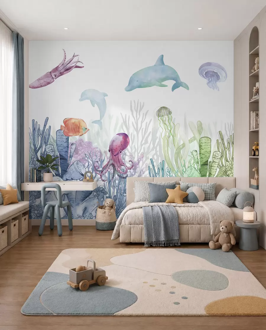 Carta da parati per Bambini Vita marina subacquea, animali marini, acquerello, coralli, delfino, polpo 