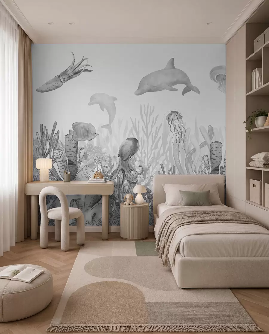 Carta da parati per Bambini Vita marina subacquea, animali marini, acquerello grigio, coralli, delfino, polpo 