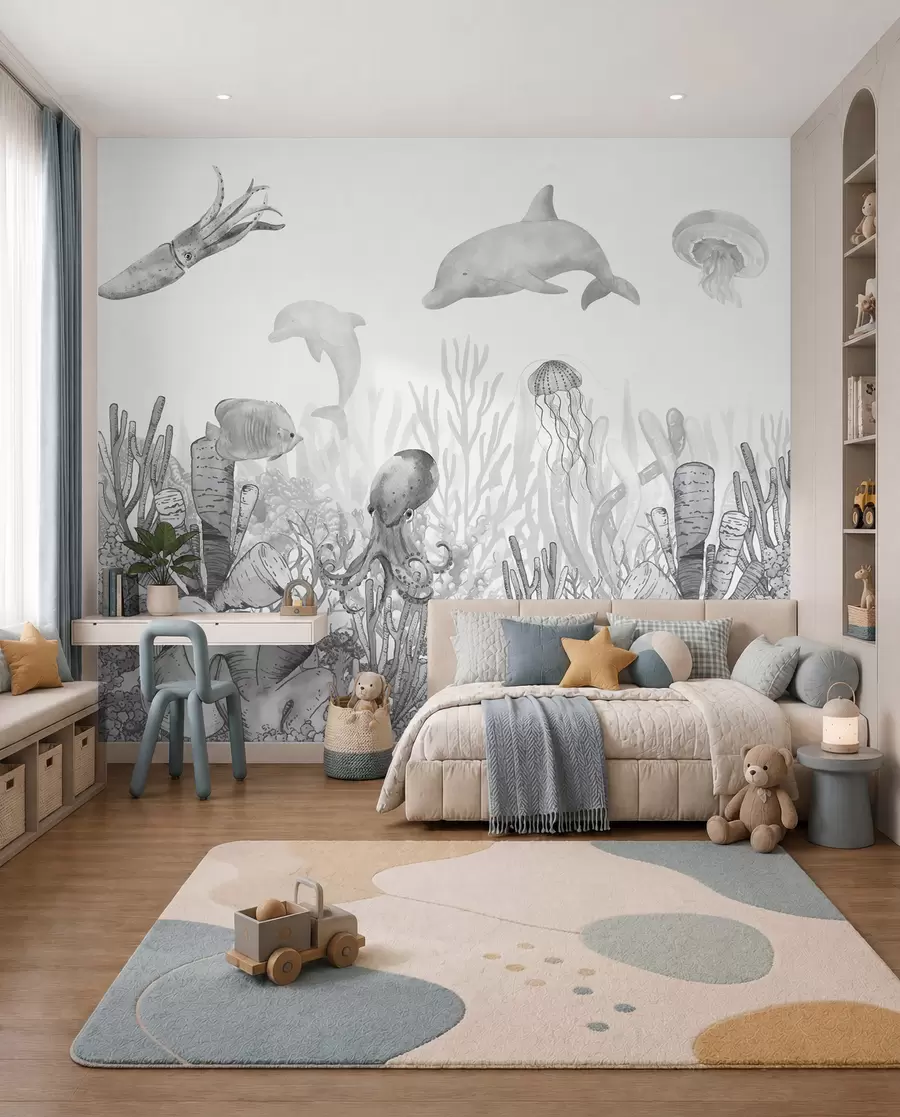 Carta da parati per Bambini Vita marina subacquea, animali marini, acquerello grigio, coralli, delfino, polpo 
