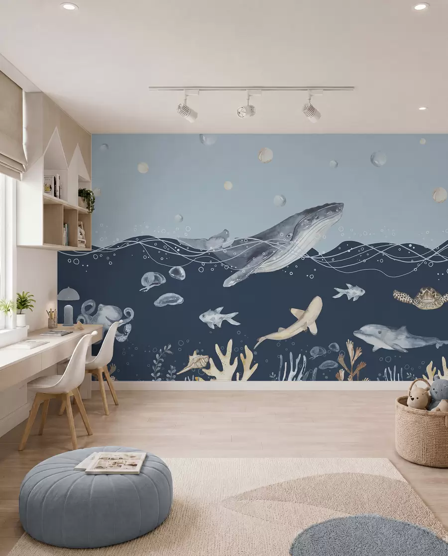 Carta da parati per Bambini Vita marina sottomarina, balena, delfino, coralli, animali marini, tema oceano, colori pastello 