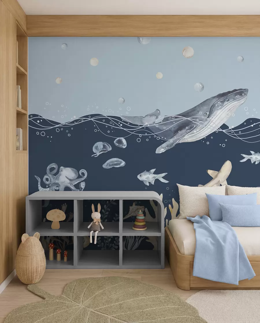 Carta da parati per Bambini Vita marina sottomarina, balena, delfino, coralli, animali marini, tema oceano, colori pastello 