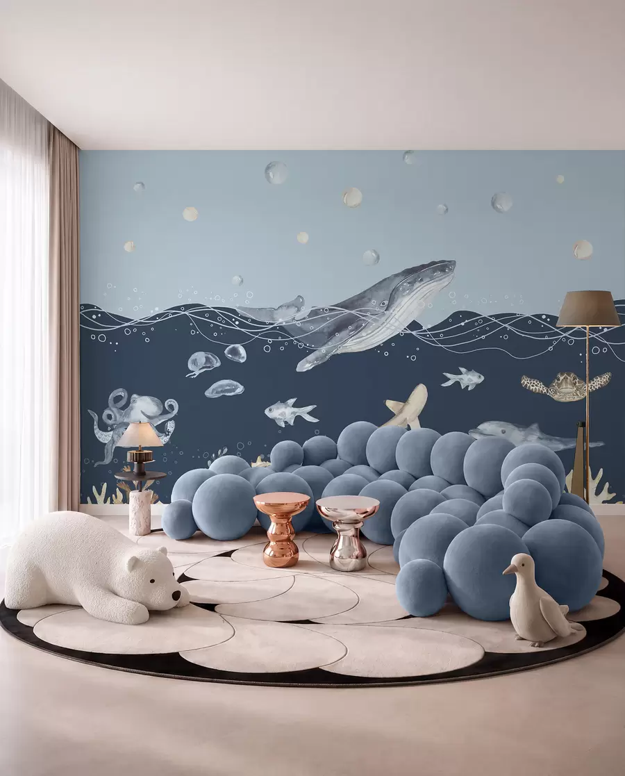 Carta da parati per Bambini Vita marina sottomarina, balena, delfino, coralli, animali marini, tema oceano, colori pastello 