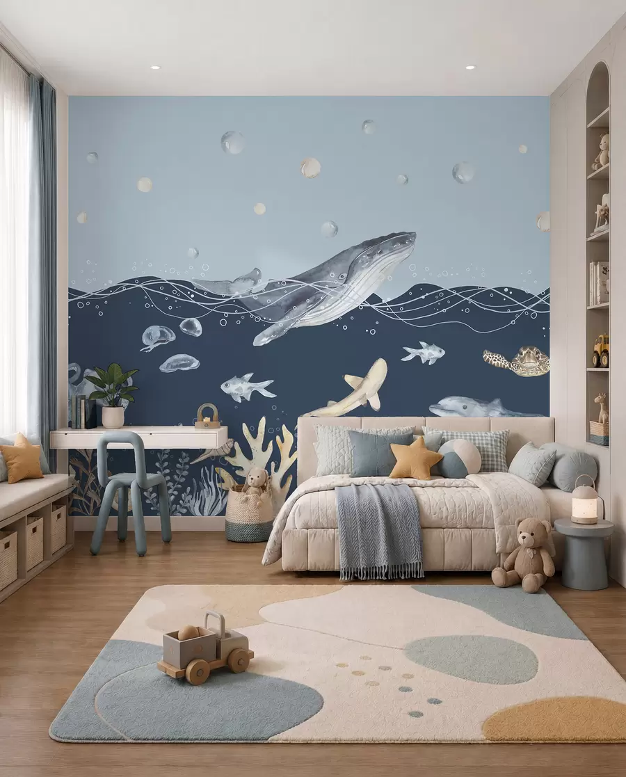 Carta da parati per Bambini Vita marina sottomarina, balena, delfino, coralli, animali marini, tema oceano, colori pastello 