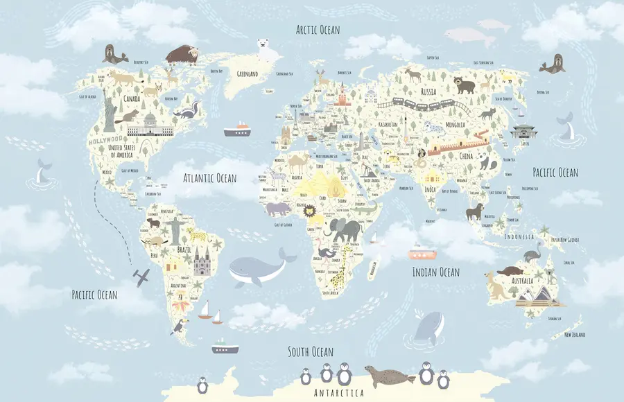 carta da parati Mappa del mondo per bambini con animali e punti di riferimento nr. u96587