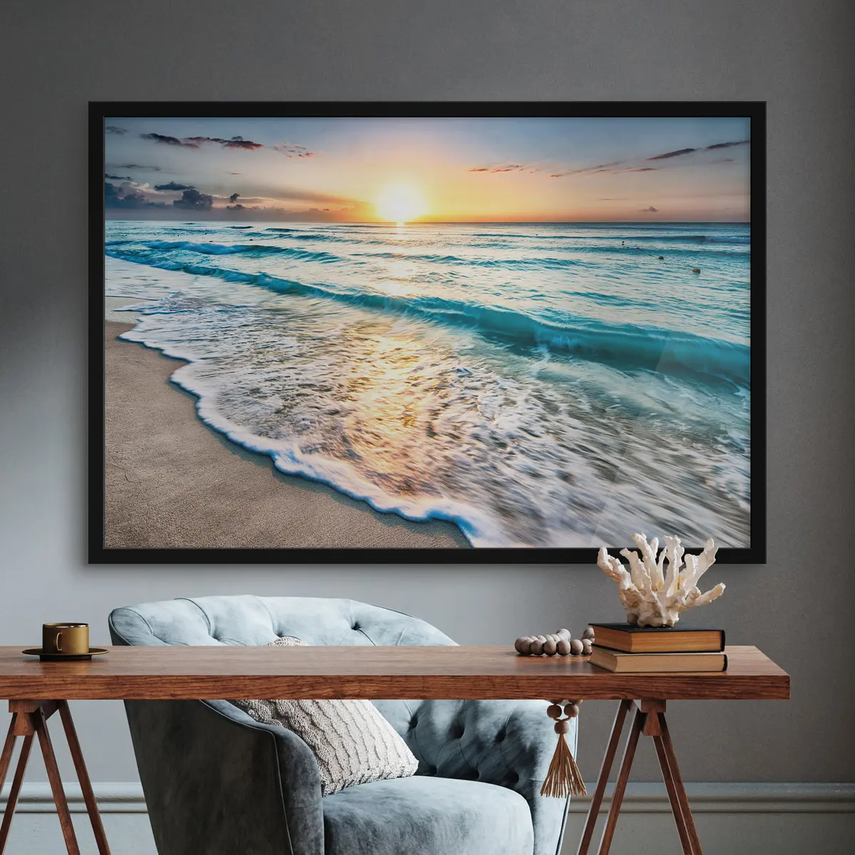 Poster Tramonto sulle onde tranquille dell'oceano f08091