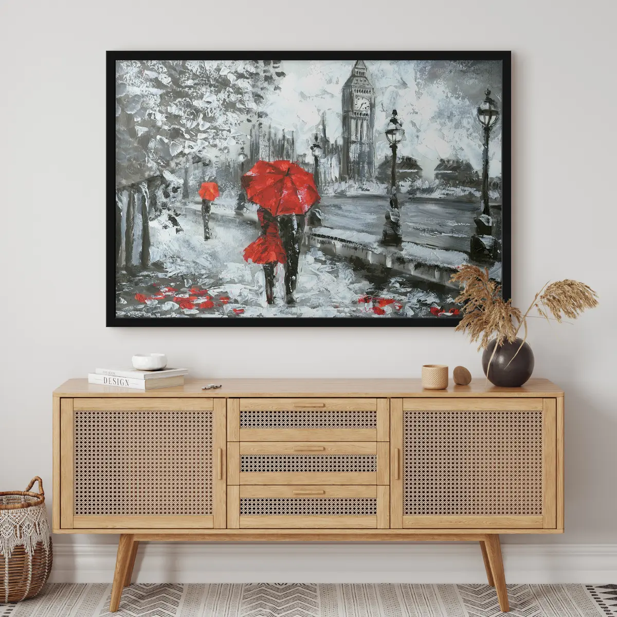 Poster Coppia sotto gli ombrelli rossi a Londra f34614