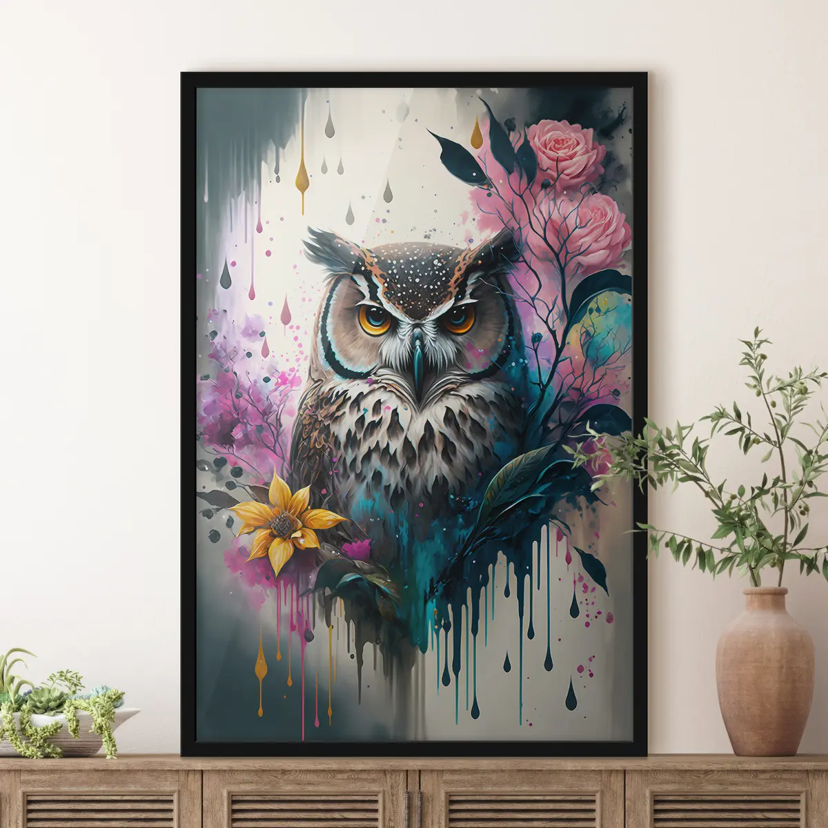 Poster Gufo circondato da fiori vivaci f35348