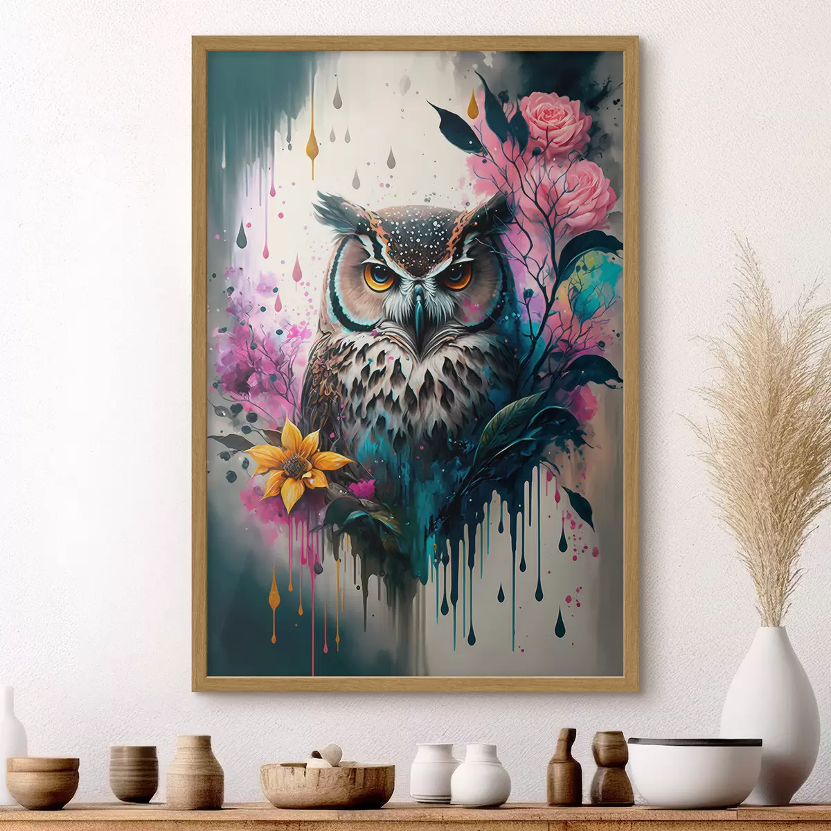 Poster Gufo circondato da fiori vivaci f35348