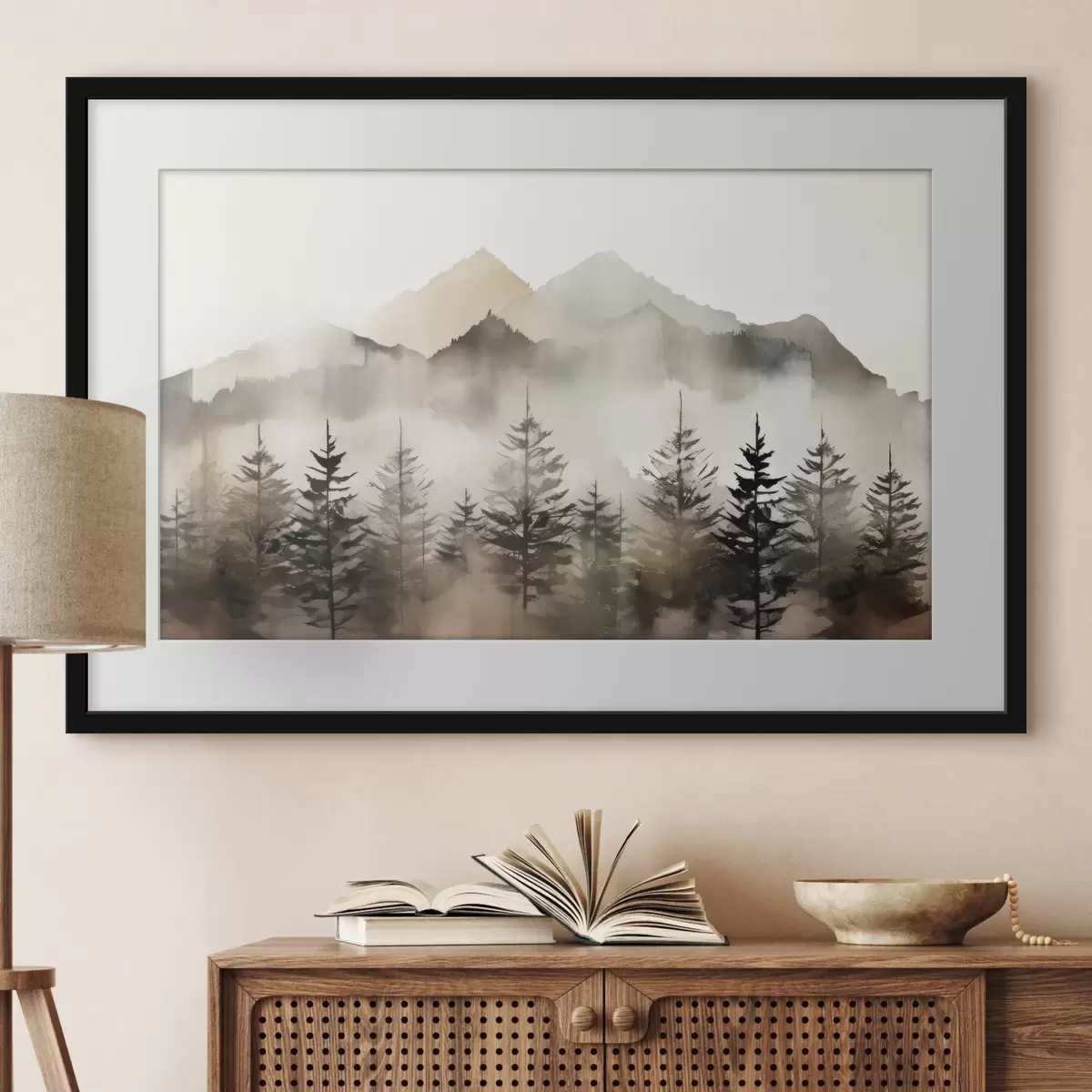 Poster Montagne nebbiose con alberi sereni f36009