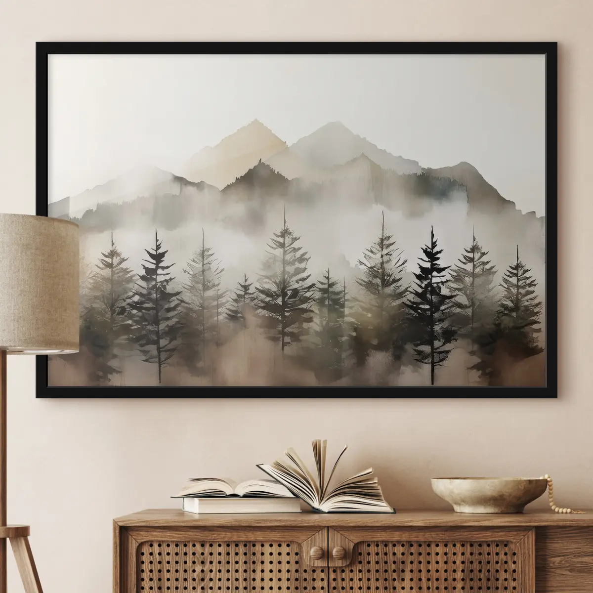 Poster Montagne nebbiose con alberi sereni f36009