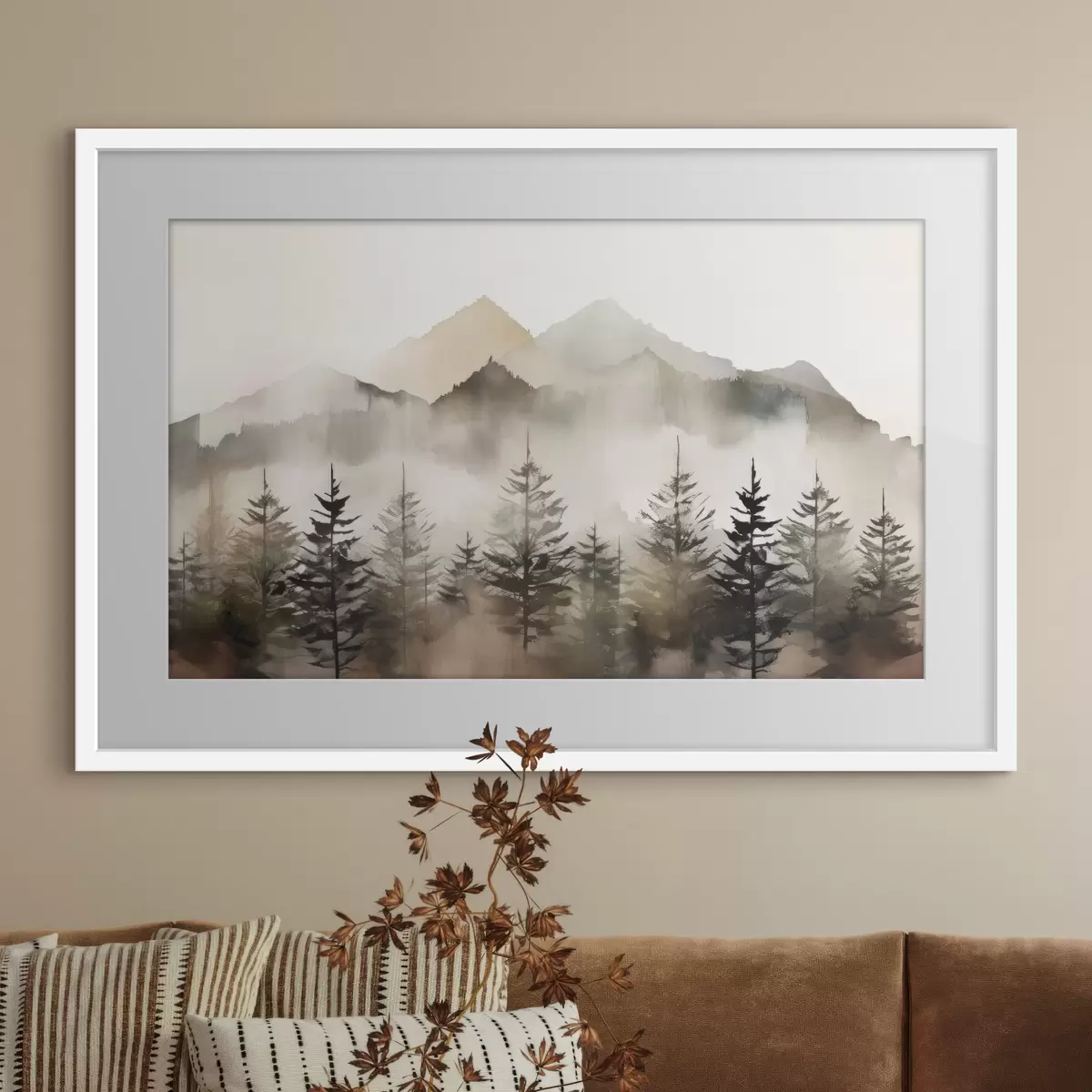 Poster Montagne nebbiose con alberi sereni f36009