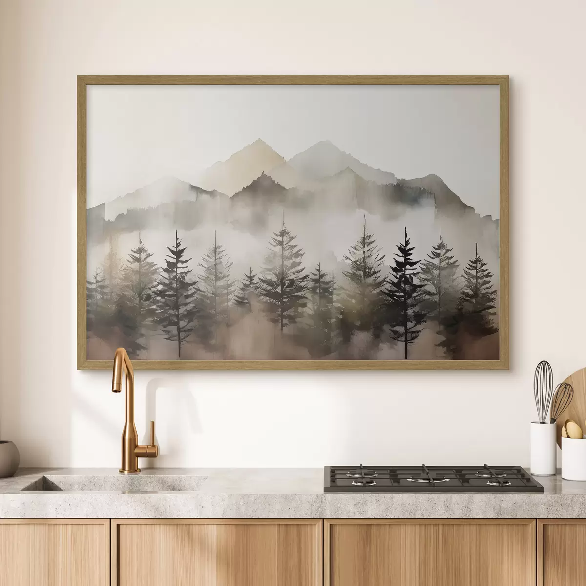 Poster Montagne nebbiose con alberi sereni f36009