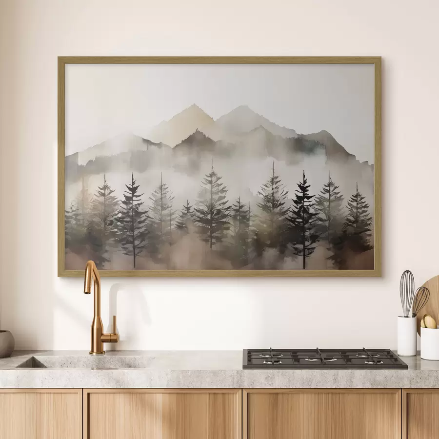 carta da parati Montagne nebbiose con alberi sereni nr. f36009