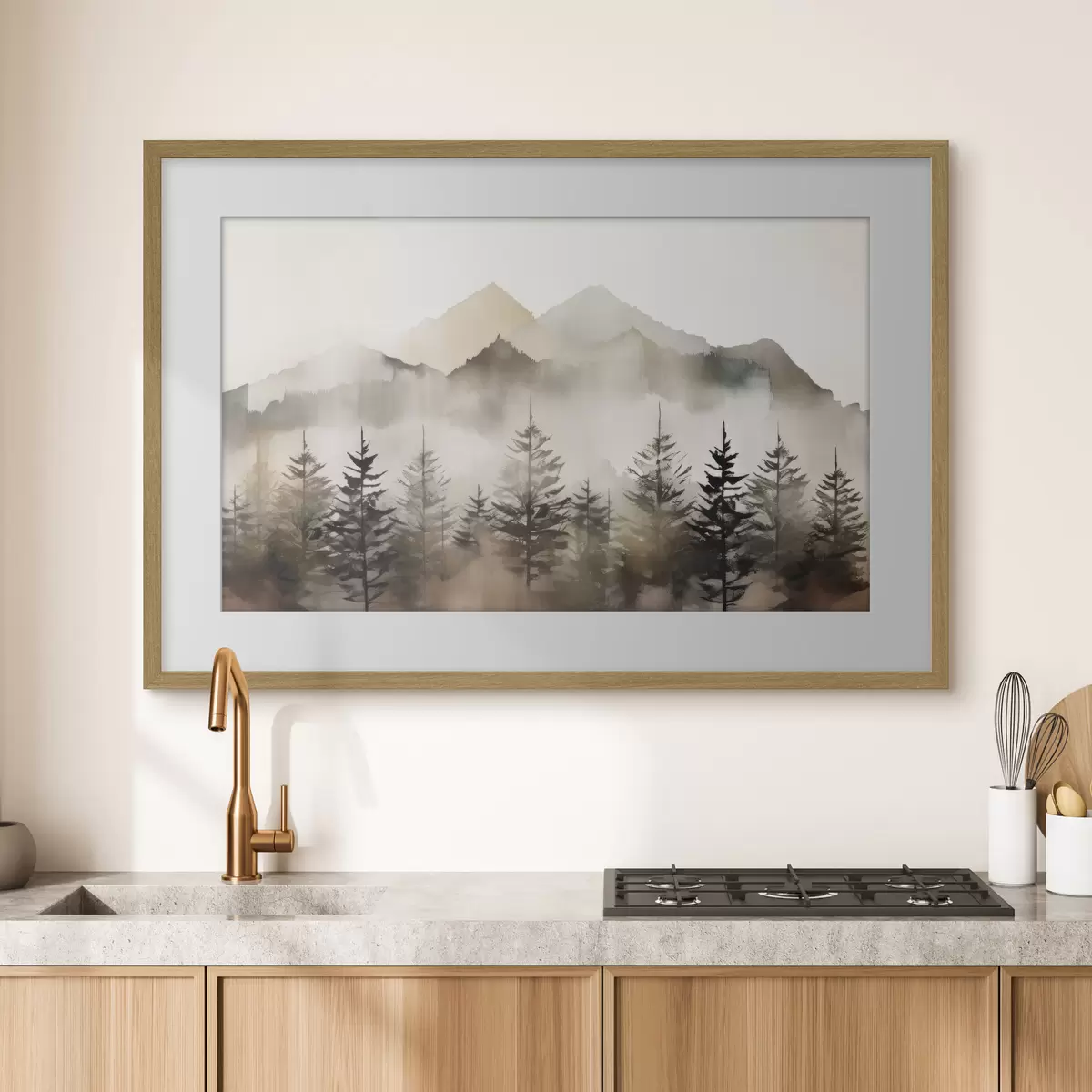 Poster Montagne nebbiose con alberi sereni f36009