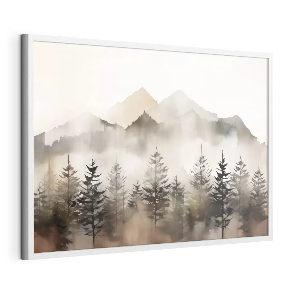 Poster Montagne nebbiose con alberi sereni f36009