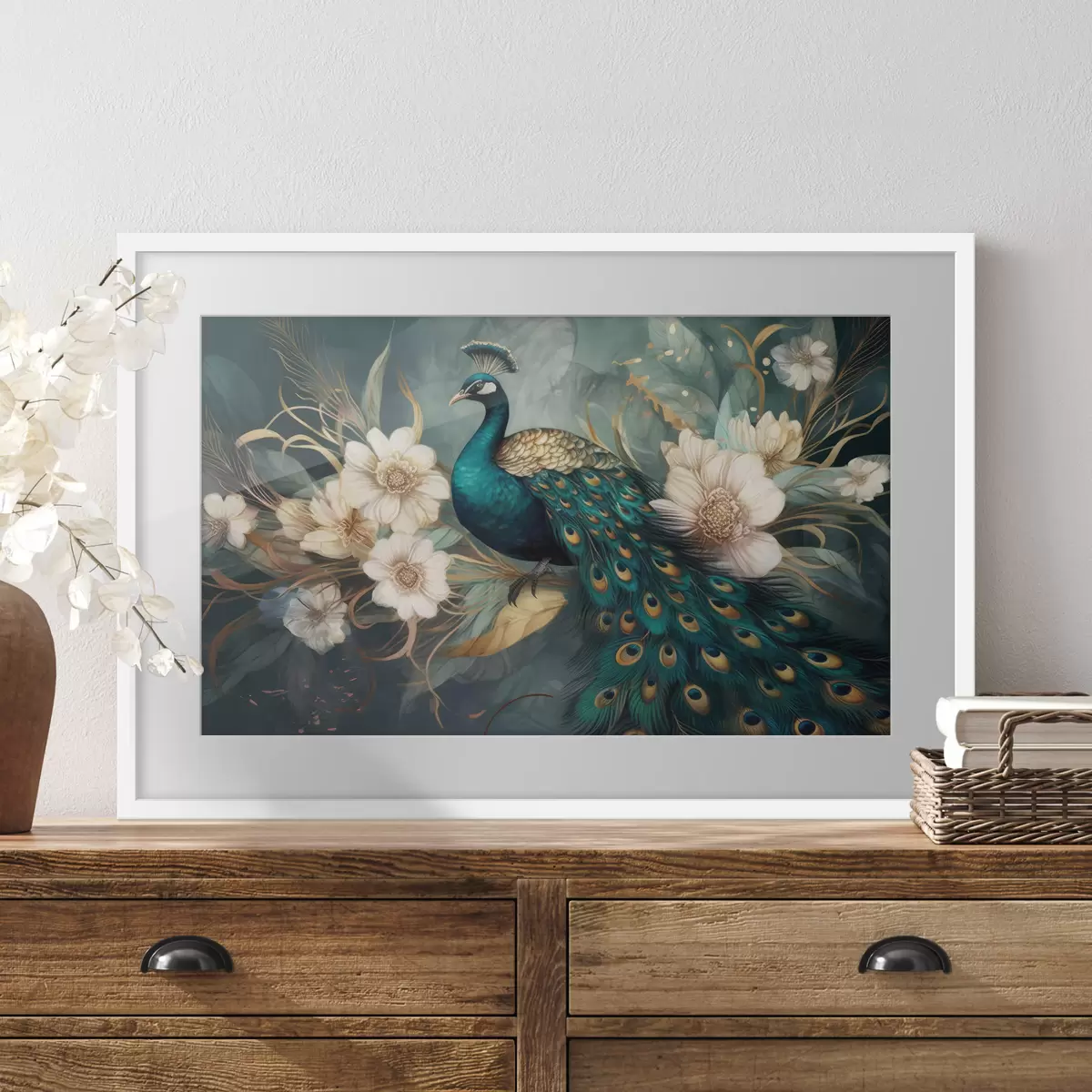 Poster Un vibrante pavone tra delicate fioriture f34866