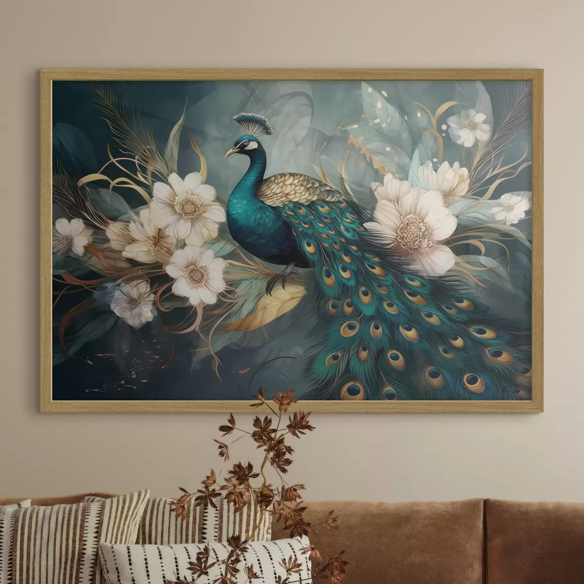 Poster Un vibrante pavone tra delicate fioriture f34866
