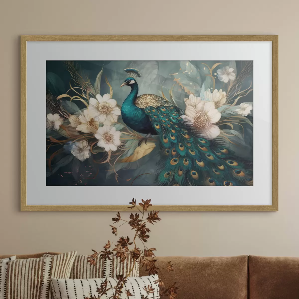 Poster Un vibrante pavone tra delicate fioriture f34866
