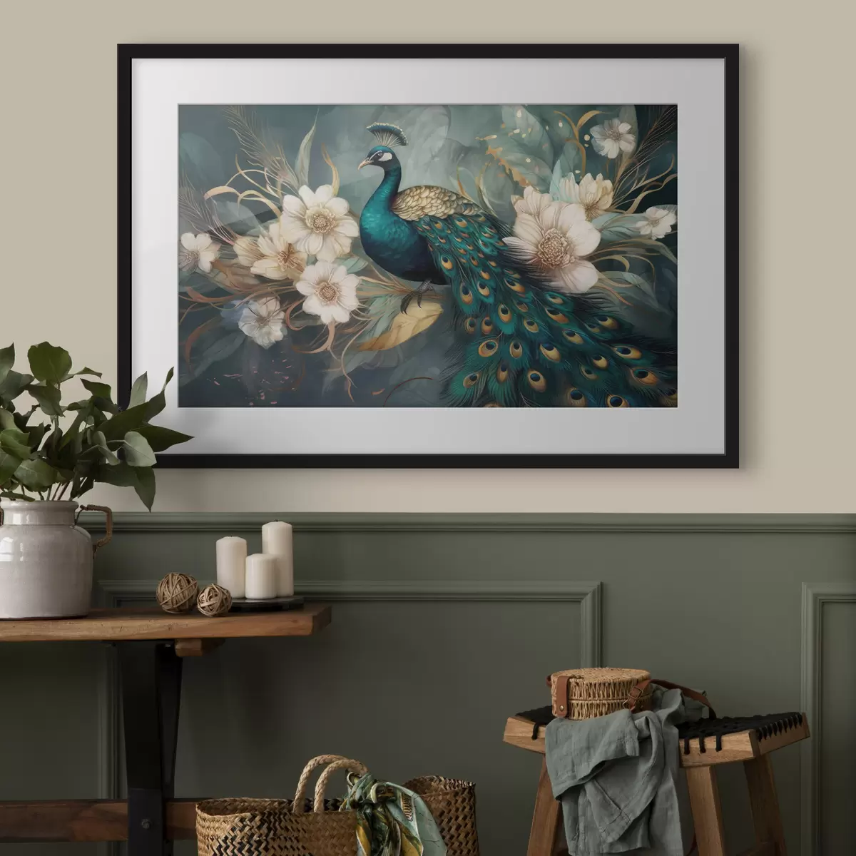 Poster Un vibrante pavone tra delicate fioriture f34866