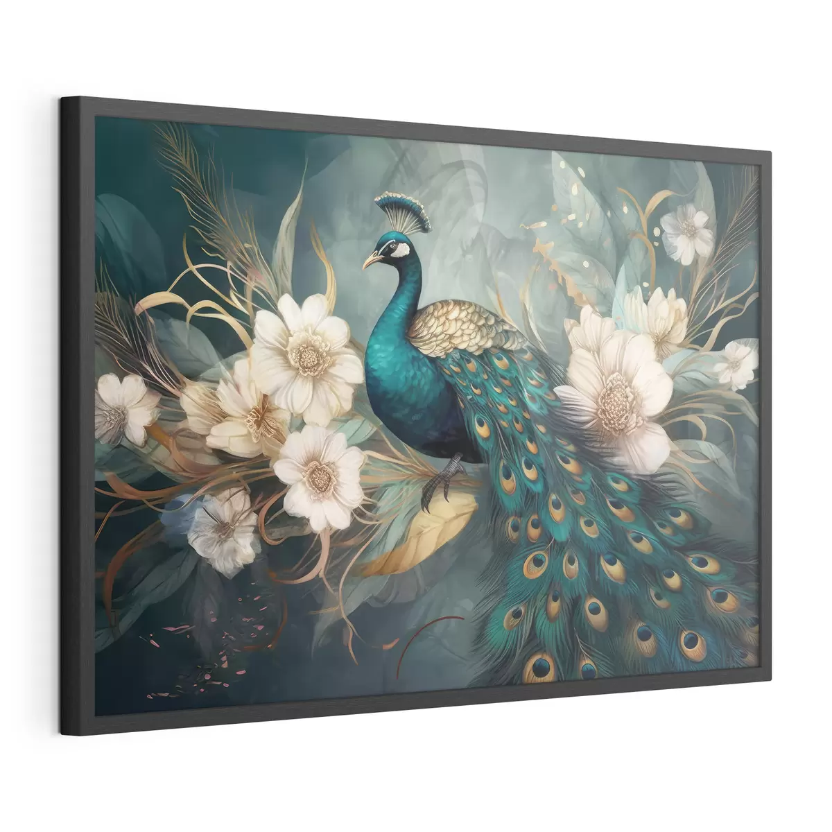 Poster Un vibrante pavone tra delicate fioriture f34866